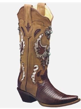 Corral VTG Ladies Boots C1848 Chocolate Teju Lizard Skin🥾 Embellished 9 Festival